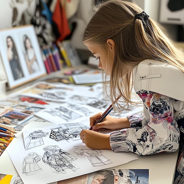 Photo young girl practicing fashion illustration