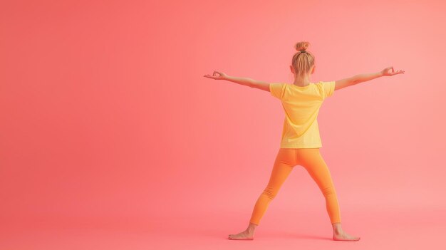 Photo young girl practicing yoga poses against a vibrant pink backdrop showcasing balance and tranquility in a playful setting