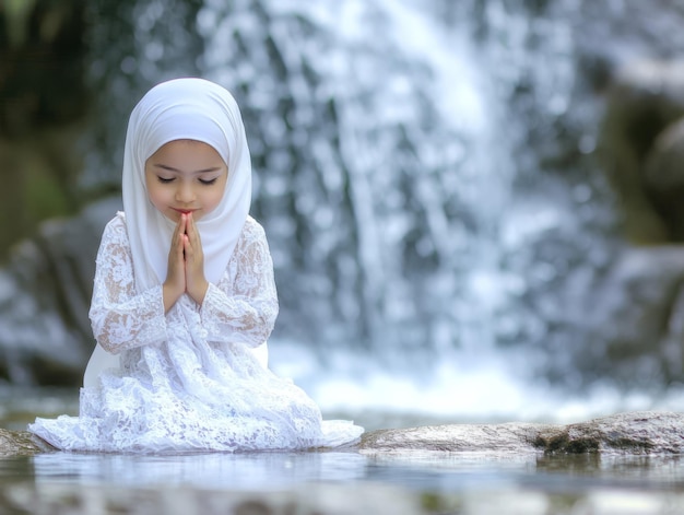 Photo young girl praying by a waterfall