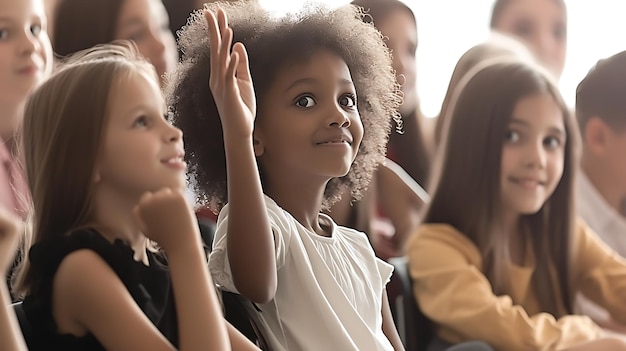 Photo young girl raises her hand to ask a question in a classroom setting