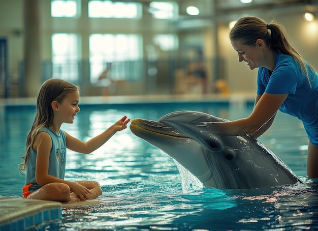 Photo a young girl reaches out to touch a dolphin in a pool while a trainer looks on