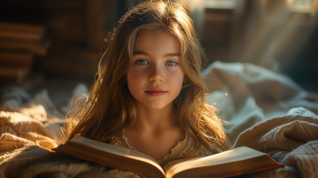 Young Girl Reading Book on Bed