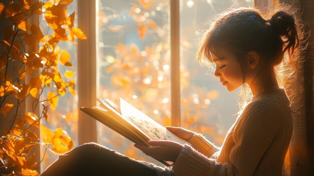 Photo young girl reading book by window in warm autumn light