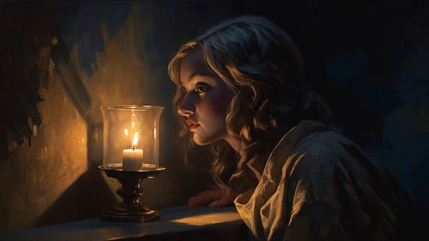 Young girl reading by candlelight face obscured