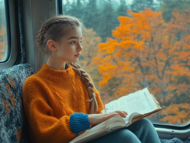 Photo young girl reading by the window