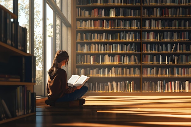 Young girl reading at the library