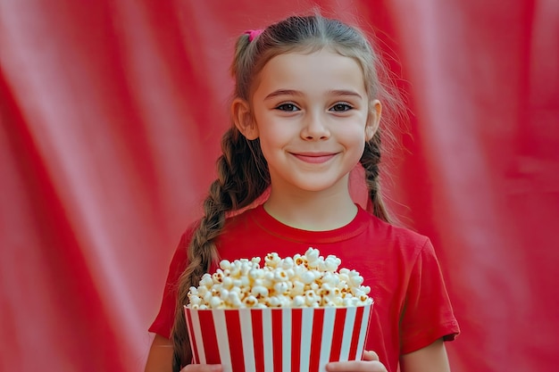 Young girl in red shirt holding a bucket of popcorns