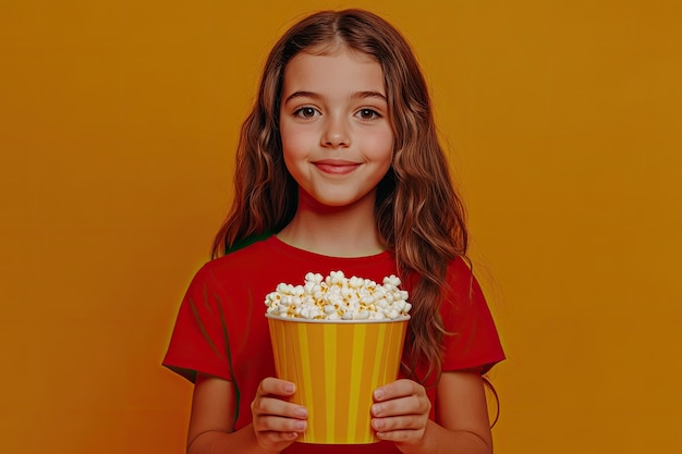 Young girl in red shirt holding a bucket of popcorns