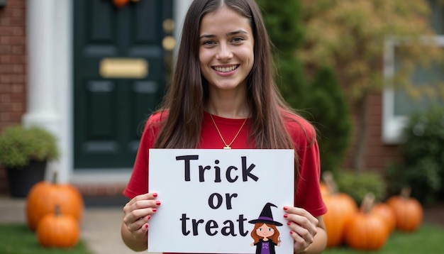 Photo young girl in red shirt holding halloween trick or treat sign for festive decor