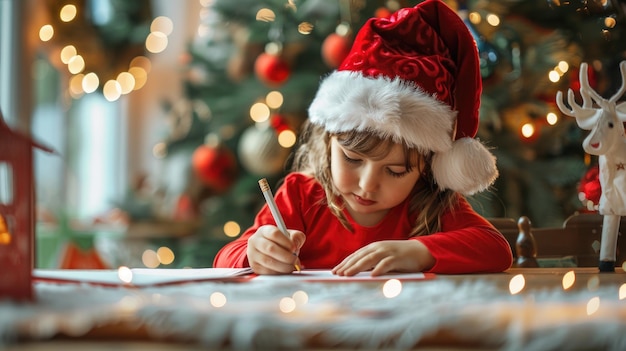 Young girl in red writing letter with Christmas tree background