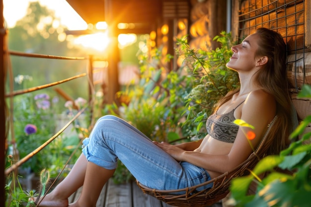 Photo young girl relaxes on balcony drinks tea in sunlight