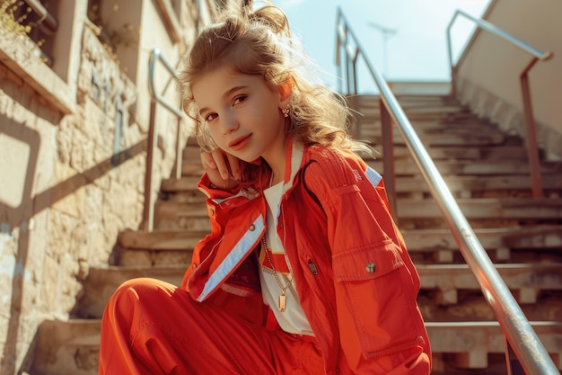 Photo young girl in retro 90s fashion poses outdoors exuding beauty and youth