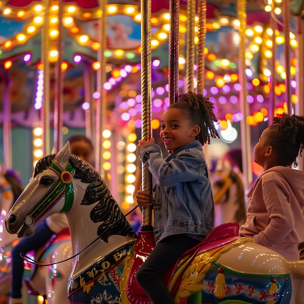 A young girl rides a carousel horse at a fair The girl is smiling and having fun