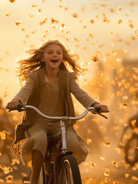 Young Girl Riding Bike Through Field