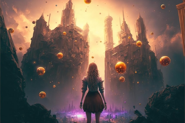 Young girl in the ruined city Young girl with the magic balls floating above the ruined city Digital art style illustration painting