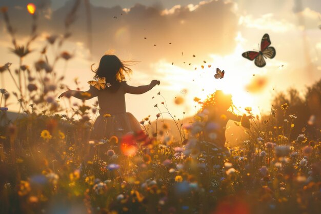 Young Girl Running Through Wildflowers at Sunset With Butterflies