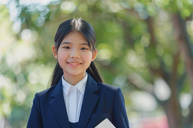 A young girl in a school uniform smiles brightly in a sunlit park emanating youthful optimism and innocence