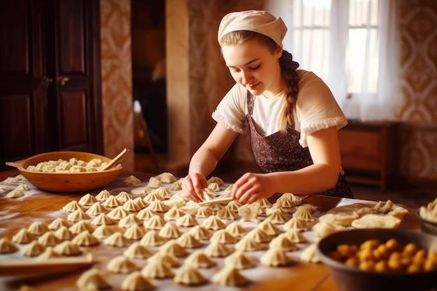 A young girl sculpts manti Asian dish Generative AI