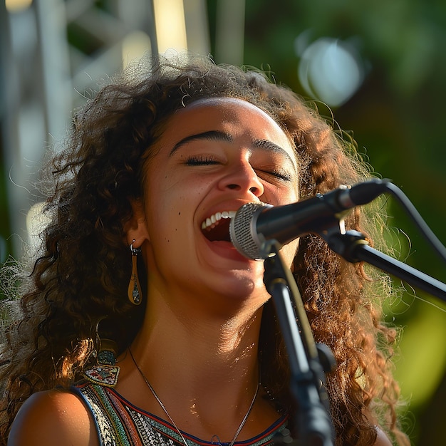 Photo young girl singer singing at a concert beautiful female singer performs concert and sings on stage