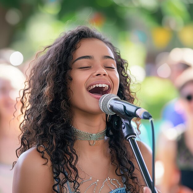 Photo young girl singer singing at a concert beautiful female singer performs concert and sings on stage