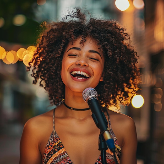 Photo young girl singer singing at a concert beautiful female singer performs concert and sings on stage