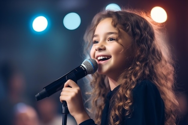 a young girl singing into a microphone with the word quot on it quot