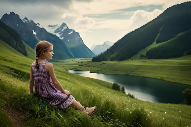 A young girl sits in a field with mountains in the background.