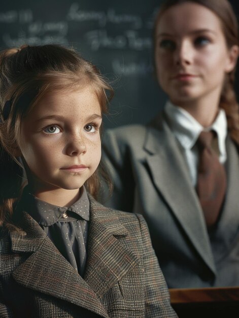 A young girl sits in front of a blackboard focused on her studies