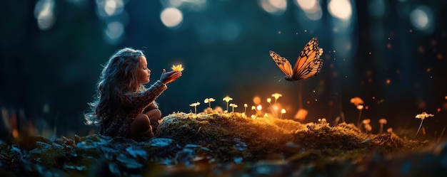 Photo a young girl sits in a mystical forest holding a glowing object while a large butterfly hovers nearby in a magical scene