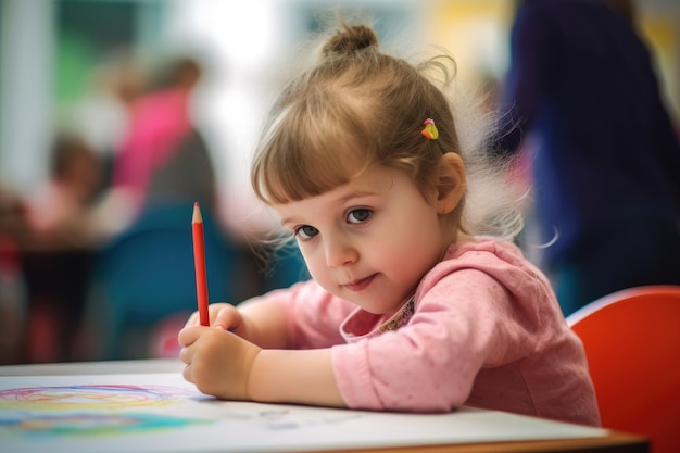 A young girl sits at a table and writes on a piece of paper.