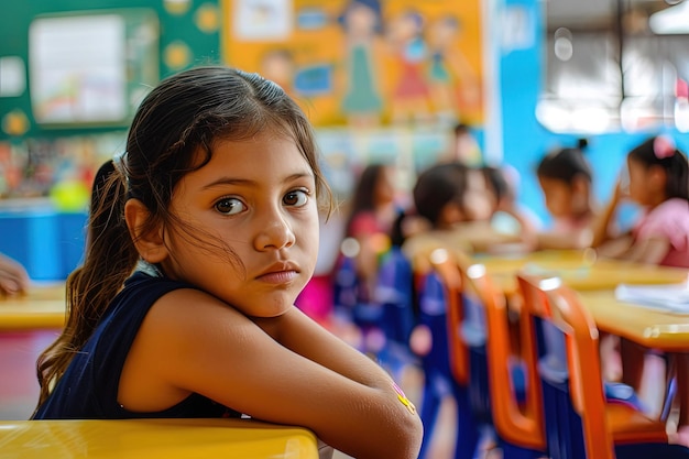 A young girl sitting at a desk in a classroom