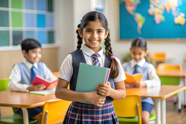 A young girl smiles confidently while standing with smiling