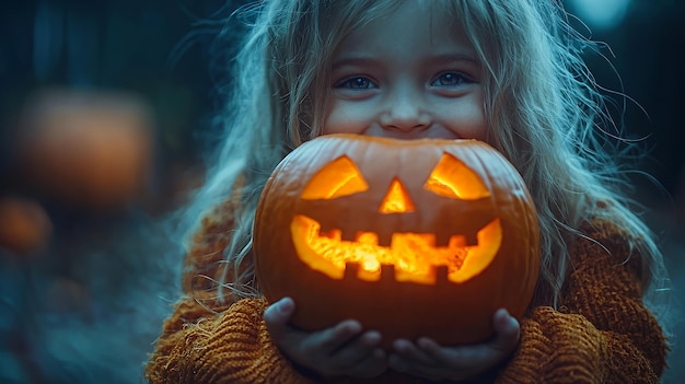 A young girl smiles while holding a lit jackolantern