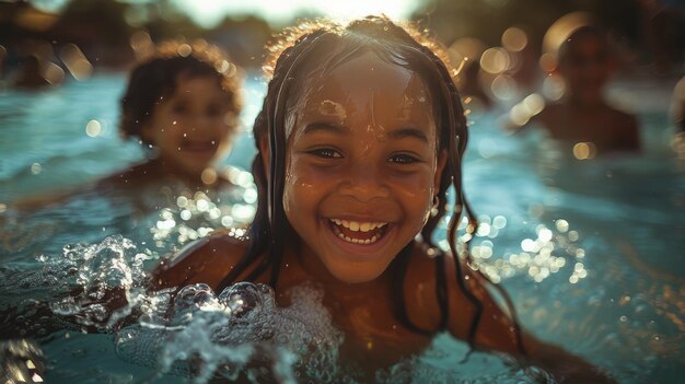 Young Girl Smiles While Swimming in Pool