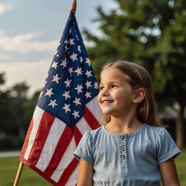 A young girl smiles with a flag in her hand