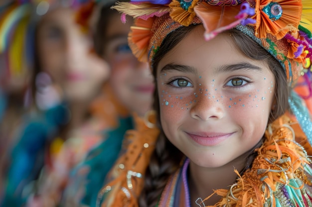 Young Girl Smiling in Colorful Headdress