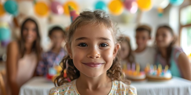 A young girl smiling at a festive birthday party with blurred friends in the background