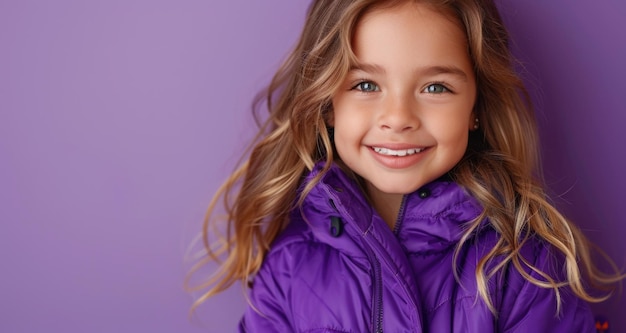 Photo young girl smiling in purple jacket against a purple background