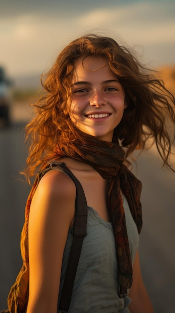 young girl smiling on the road