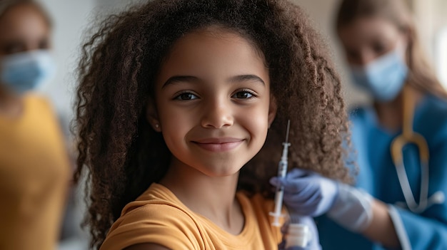 Young girl smiling while getting vaccinated by a nurse