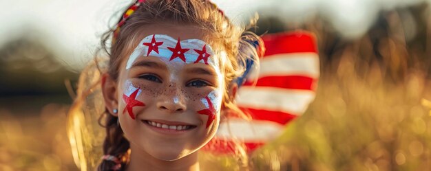 Young girl smiling with american flag face paint while celebrating independence day