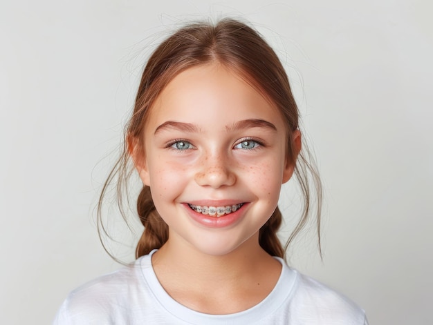 Young girl smiling with metal braces on her teeth closeup promoting orthodontic care and dental health