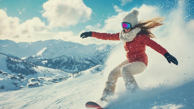 Photo young girl in sportswear sliding on snowboard over snowy mountains background winter activity concept of winter sport action motion hobby leisure time banner copy space for ad