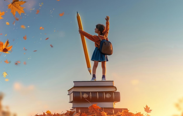 Young Girl Standing on Books With Giant Pencil in Autumn