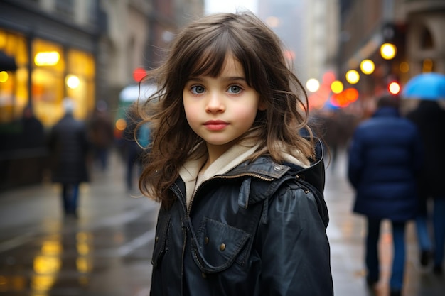 a young girl standing on a city street in the rain