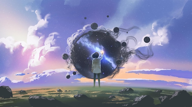 A young girl standing during the day reaching out to grab a star in the night dimension digital art style illustration painting