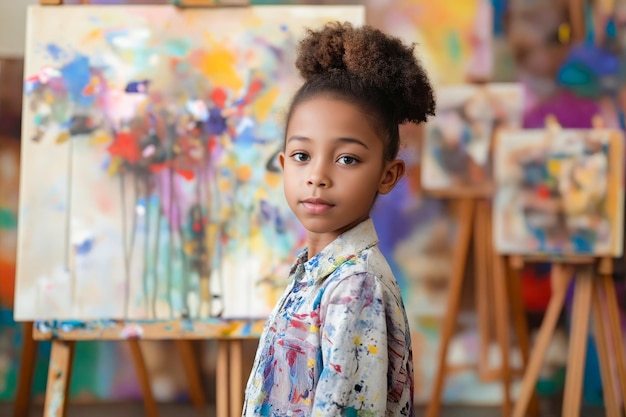 A young girl standing in front of an easel with paint splatters on it