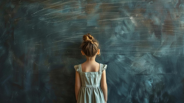 Young girl standing in front of a large chalkboard with space for ideas