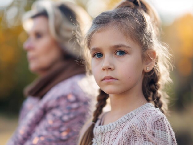 A young girl stands beside her elderly grandmother sharing a special moment