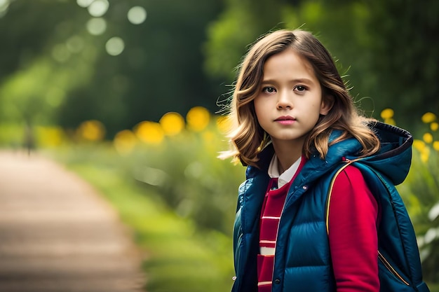 A young girl stands on a path in a forest.